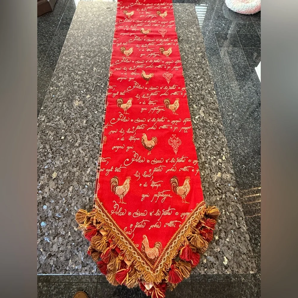 Red jacquard table runner featuring a traditional French rooster design 104x12”